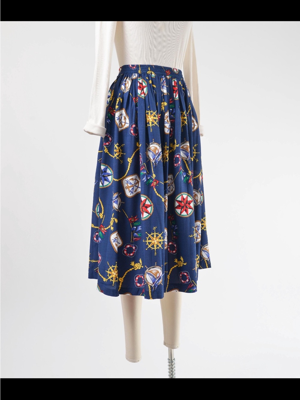 Vintage 80s Nautical Navy Blue Midi Skirt Maritime Novelty Print with Compasses
